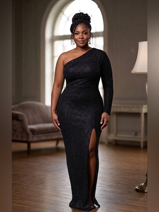 Dinyln Dresses & Skirts - DINYLN One Shoulder Sparkly High Split Evening Gown Formalwear
